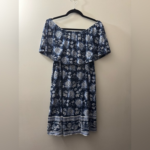 J.Jill Off The Shoulder Navy Blue Floral Dress - Picture 4 of 6